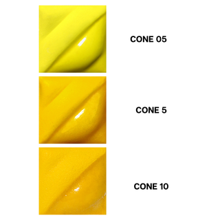 Intense Yellow Velvet Underglaze is a bright pineapple color, vivid at Cone 05, deepening at Cone 5, and intense at Cone 10. Clear glaze enhances. Amaranth Stoneware Canada.
