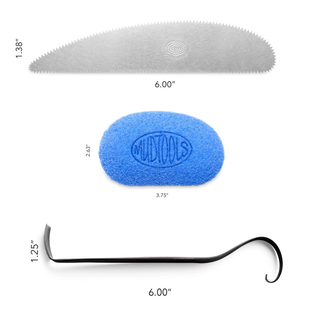 Mudtools Essentials Kit includes everything a new potter needs: polymer ribs, Mudshark, cut-off wire, scraper rib, shredder, trim tool, and Blue Workhorse Mudsponge. Amaranth Stoneware Canada.