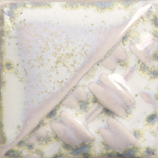 Micro Pearl Cone 6 oxidation glaze, glossy semi-opaque white with lilac undertones and iridescent micro-crystallization; darkens to blue, purple, and white variegation at Cone 10 reduction. Amaranth Stoneware Canada.