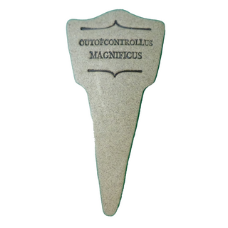 7.5x3-inch handcrafted Comic Latin plant stakes, perfect for witty plant labels. Durable, weatherproof, and fun! Handcrafted in Kingston, Ontario at Amaranth Stoneware.