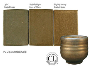 Saturation Gold has a smooth, satin/matte finish that is a dark gold similar to bronze when fired. Amaranth Stoneware Canada.