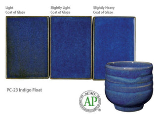 Indigo Float is a rich cobalt blue glaze with lighter blue float, breaking deep blue when thin. Great for layering. Amaranth Stoneware Canada.