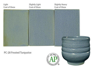 Frosted Turquoise is an opaque gray-blue glaze that appears to crackle over deep blue but has a smooth, satiny surface. Amaranth Stoneware Canada.