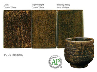Temmoku is a textured, satin-matte dark brown/tan speckled glaze that looks great layered beneath some of the more fluid Potter's Choice glazes. Amaranth Stoneware Canada.