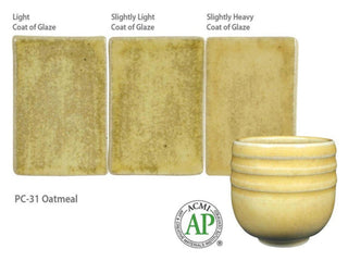 Oatmeal is a toasty, light yellow glaze that is relatively opaque and breaks clear over textured surfaces. Amaranth Stoneware Canada.