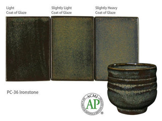 Ironstone is a glossy, dark glaze that is a deep chocolatey brown where thin with a beige-bronze float where thicker.