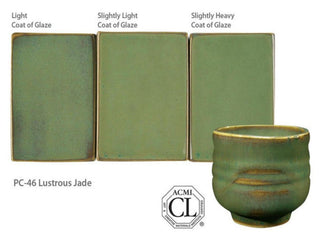 Lustrous jade is a glossy, opaque glaze that boasts a soft, even green finish. Amaranth Stoneware Canada.