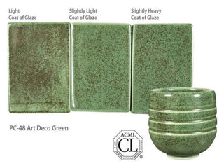 Art Deco Green is a glossy, light blue-green glaze that floats metallic spots. Amaranth Stoneware Canada.