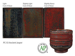 Ancient Jasper is a fluid, opaque glaze that transitions from soft black to olive green to rust red as it is applied thicker. Amaranth Stoneware Canada.