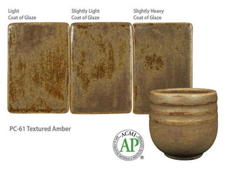 Textured Amber is a semi-matte brown glaze that has a varied, translucent surface with a textured float of opaque tan speckles. Amaranth Stoneware Canada.