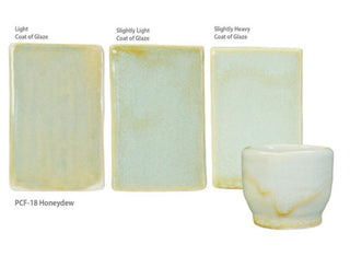 Glossy pale green Melon glaze, breaking on texture with peachy float, great for layering. Amaranth Stoneware Canada.