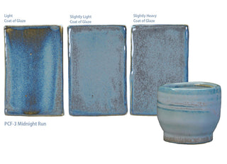 PCF-3 Midnight Run, glossy dark blue-gray glaze, breaking on texture, great for layering. Amaranth Stoneware Canada.