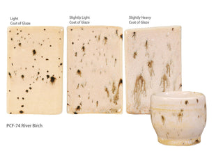 Glossy cream glaze with runny dark specks, breaking on texture with peachy float, great for layering. Amaranth Stoneware Canada.
