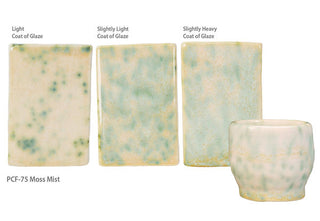 Glossy cream and green-mottled glaze, breaking on texture with peachy float, great for layering. Amaranth Stoneware Canada.