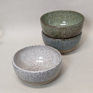 Practical Bee bowls: speckled tan clay, farmhouse-inspired glazes, microwave/dishwasher safe, 2.75" x 6.25". Handmade in Kingston, Ontario at Amaranth Stoneware.