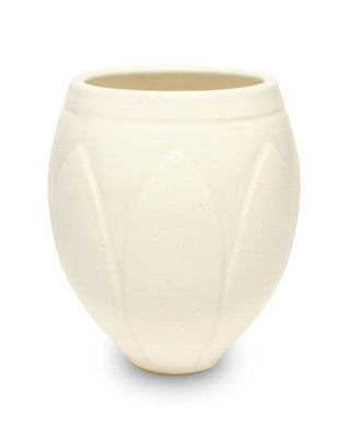 Satin Matte White glaze, smooth and buttery, enhances textured ware with a classic art deco style. Amaranth Stoneware Canada.