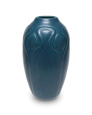 Satin Matte Blue Green glaze, an opaque, buttery deep teal, enhances textured ware with a classic art deco look. Amaranth Stoneware Canada.