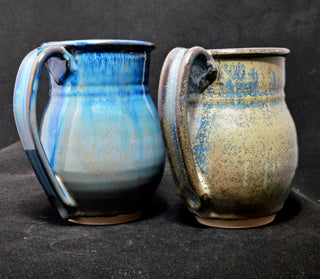 Antares glaze, deep blue with starry crystals and bronze tones. Amaranth Stoneware Canada.