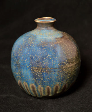 Antares glaze, deep blue with starry crystals and bronze tones. Amaranth Stoneware Canada.