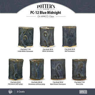 Blue Midnight is a glossy black glaze with blue highlights in thick areas, ideal for textured work and layering. Amaranth Stoneware Canada.
