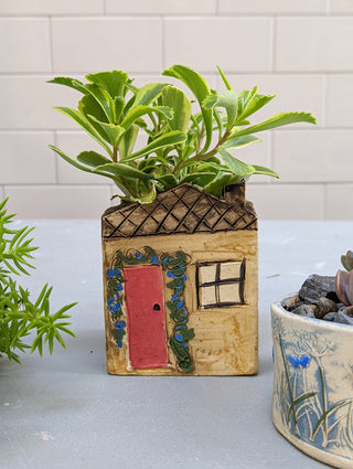 Handmade 4-inch House Planter, bringing a country cottage garden indoors. White stoneware with hand-painted details and drainage hole. Handcrafted in Kingston, Ontario at Amaranth Stoneware.