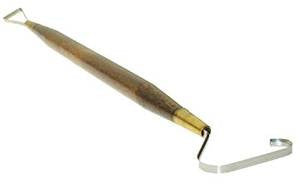 Smoothing tool for uneven areas and bubbles inside large vessels, mugs, and cups. 10.5" long with triangular and hook stainless steel ends. Amaranth Stoneware Canada.