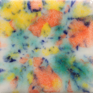Cone 06: Opaque white base glaze with orange, yellow, and blue/green crystals; base and crystals fade with enhanced mobility at Cone 6. Amaranth Stoneware Canada.