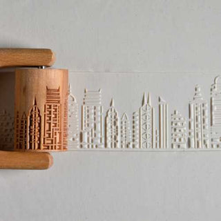 MKM RL Rollers, 6 cm wide, for patterns on clay. City skyline design. Pair with RH-1 Handle. Browse MKM’s site or request designs. Amaranth Stoneware Canada.