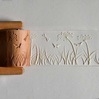 MKM RL Rollers, 6 cm wide, for patterns on clay. Dragonfly butterfly and dandelion design. Pair with RH-1 Handle. Browse MKM’s site or request designs. Amaranth Stoneware Canada.