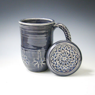 Rainy Day Glaze on White Stoneware. A translucent bluish purple, pooling blue where thick and breaking gray where thin. Perfect for detailed work! Amaranth Stoneware Canada.