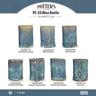 Blue Rutile is a flowing blue glaze that breaks to brown on thinner areas, ideal for texture and layering. Amaranth Stoneware Canada.