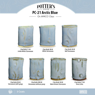 Arctic Blue is an opaque light blue glaze that breaks tan over texture and layers well. Amaranth Stoneware Canada.