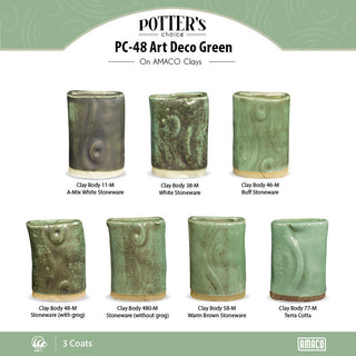 Art Deco Green is a glossy, light blue-green glaze that floats metallic spots. Amaranth Stoneware Canada.