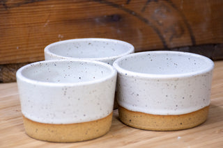 Practical Bee ramekins: speckled tan stoneware, 3 colors, perfect for dips or desserts, 1.75"x2.75". Handmade in Kingston, Ontario at Amaranth Stoneware.