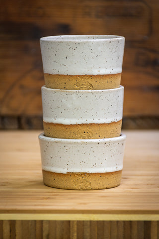 Practical Bee ramekins: speckled tan stoneware, 3 colors, perfect for dips or desserts, 1.75"x2.75". Handmade in Kingston, Ontario at Amaranth Stoneware.
