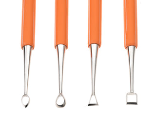Carving Set (Double-Ended) for delicate carving and detailing. Handcrafted stainless steel with bright orange rubber handles for comfort. Set of 4. Amaranth Stoneware Canada.