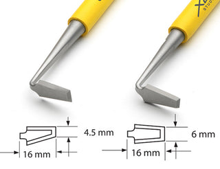 Professional Series: Set with 6 sharp precision trimming blades, double-ended, handcrafted from high-grade tempered stainless steel. Bright yellow rubber handles for secure grip. Set includes 3 tools. Amaranth Stoneware Canada.