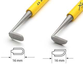 Professional Series: Set with 6 sharp precision trimming blades, double-ended, handcrafted from high-grade tempered stainless steel. Bright yellow rubber handles for secure grip. Set includes 3 tools. Amaranth Stoneware Canada.