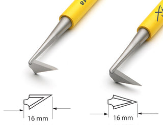 Professional Series: Set with 6 sharp precision trimming blades, double-ended, handcrafted from high-grade tempered stainless steel. Bright yellow rubber handles for secure grip. Set includes 3 tools. Amaranth Stoneware Canada.